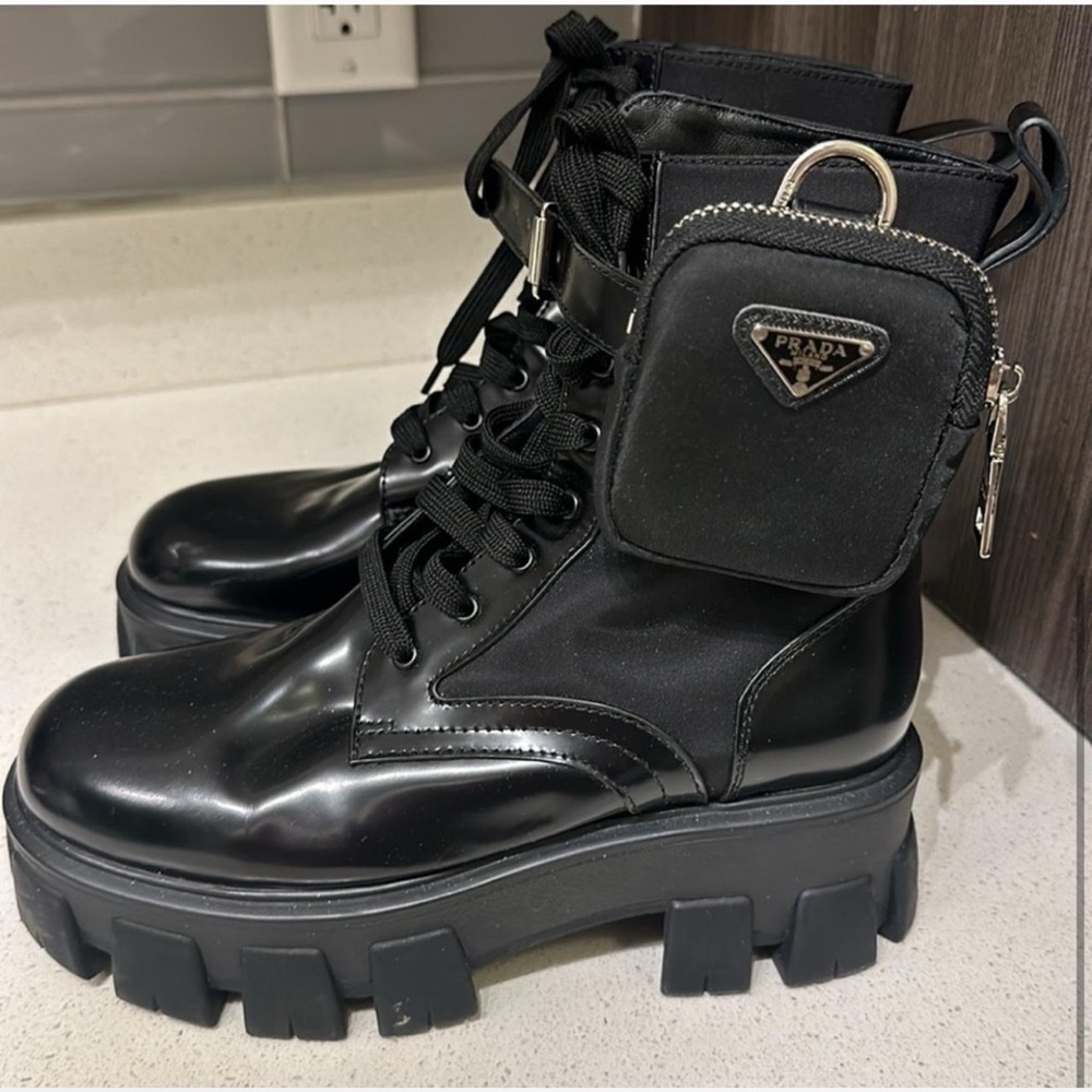 *Super Sale* Prada Glossy Black Platform Boots with Pouch